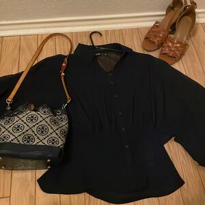 Beautiful 7th Avenue New York and Company. Dark Navy Blue sheer blouse . Sexy.